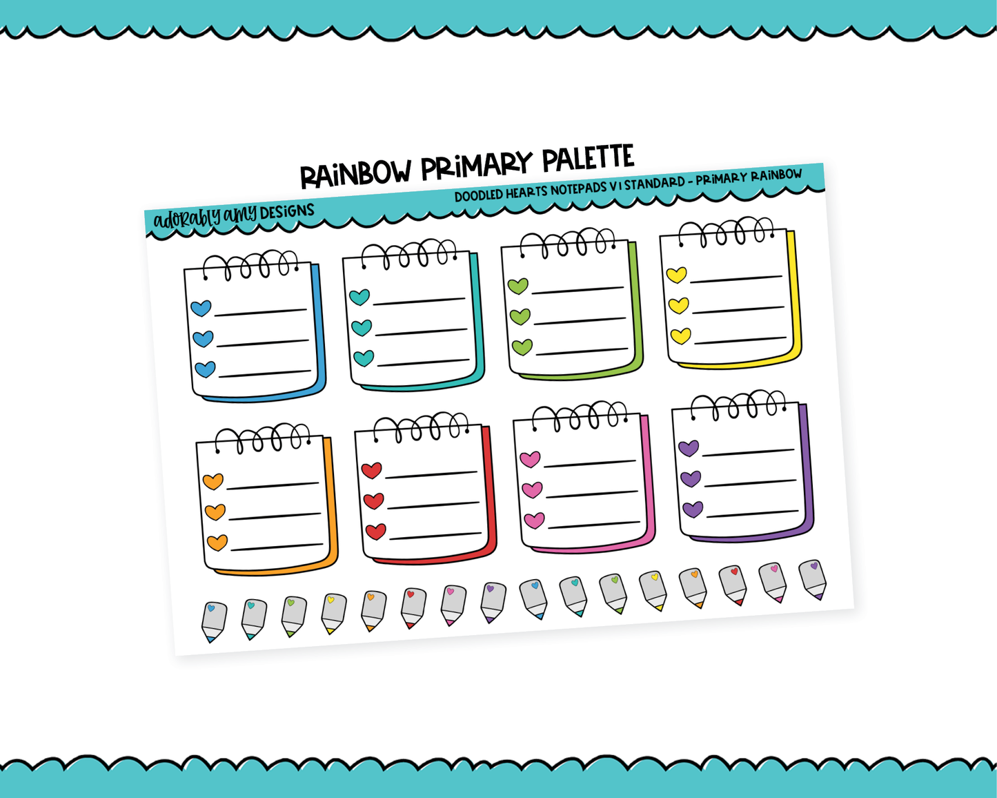 Rainbow Doodled Hearts Notepad V1 List Boxes Standard Size Stickers for any Planner or Insert