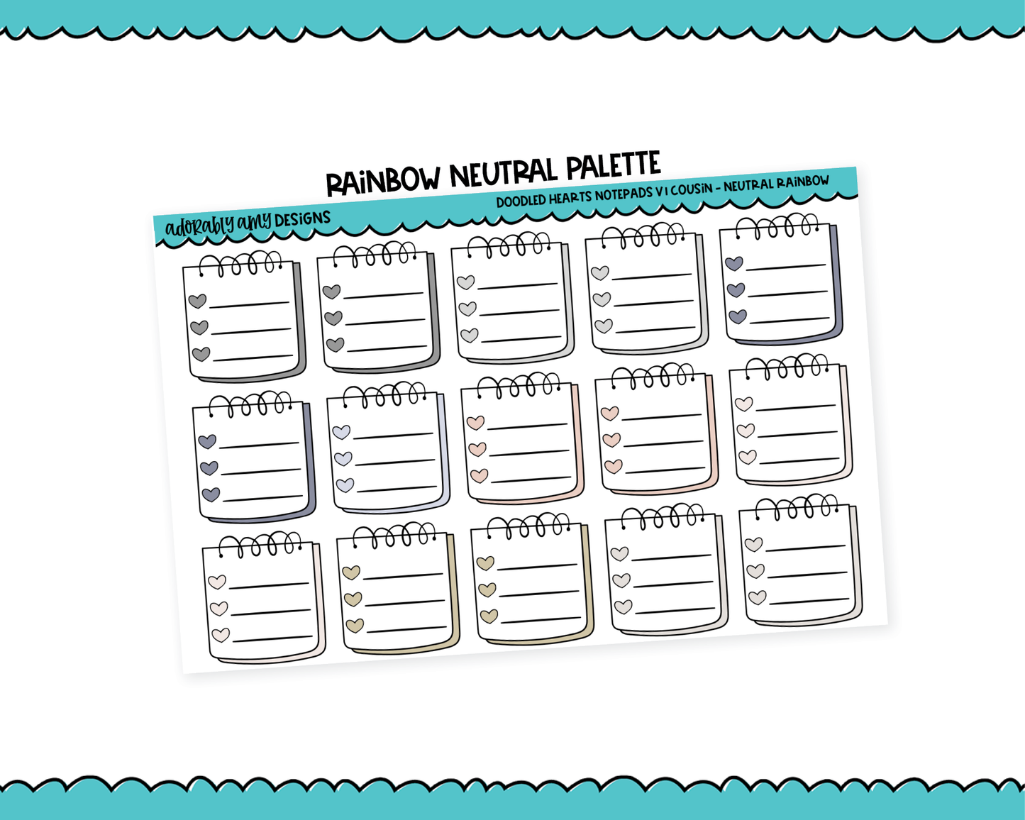 Hobo Cousin Rainbow Doodled Hearts Notepads List Boxes V1 Planner Stickers for Hobo Cousin or any Planner or Insert