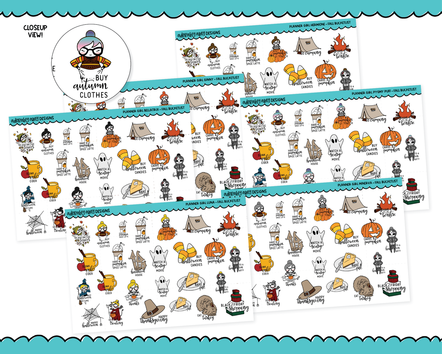Doodled Planner Girls Character Stickers Fall Bucket List Decoration Planner Stickers for any Planner or Insert