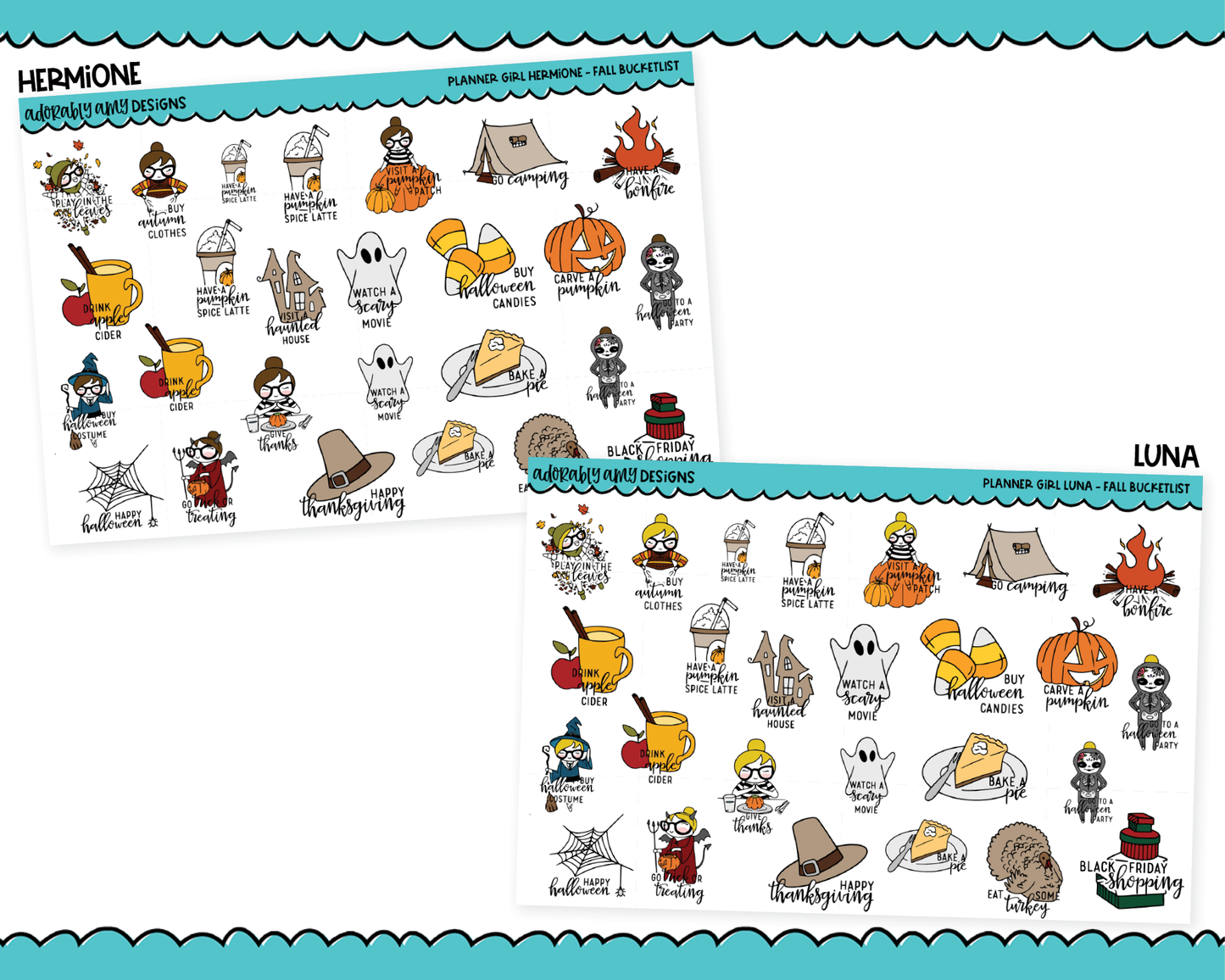 Doodled Planner Girls Character Stickers Fall Bucket List Decoration Planner Stickers for any Planner or Insert
