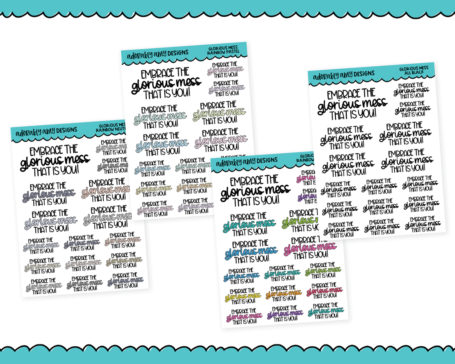Rainbow or Black Glorious Mess Inspirational Typography Planner Stickers for any Planner or Insert