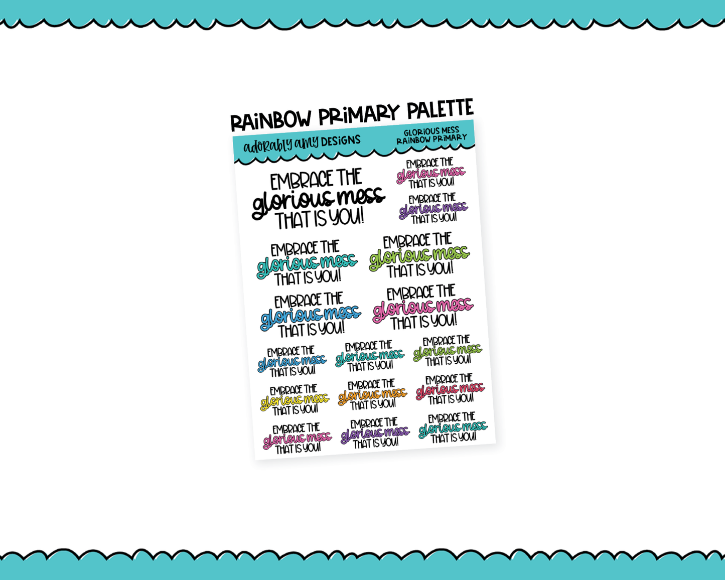 Rainbow or Black Glorious Mess Inspirational Typography Planner Stickers for any Planner or Insert