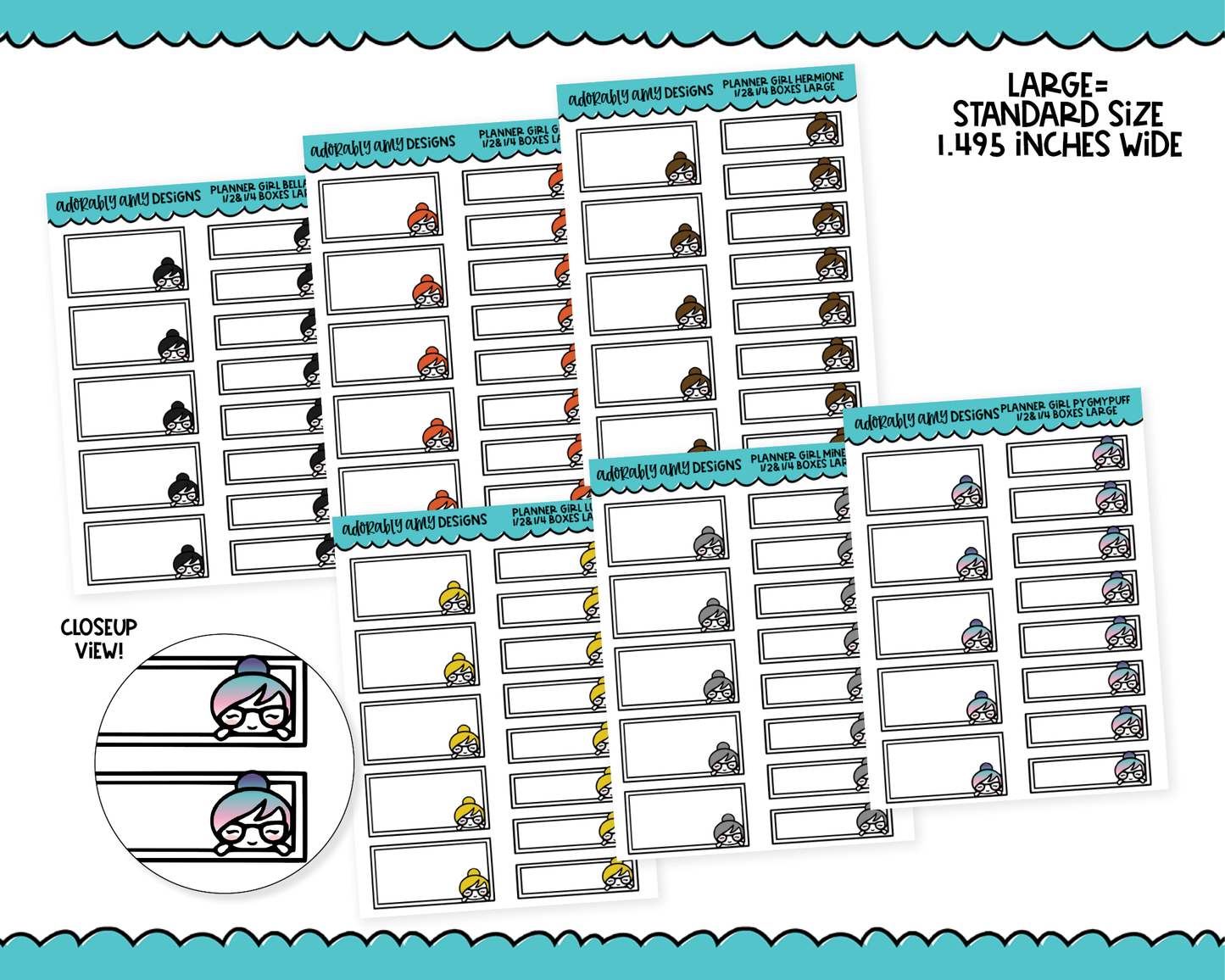 Doodled Planner Girls Character Stickers Half & Quarter Boxes 2 Sizes Planner Stickers for any Planner or Insert
