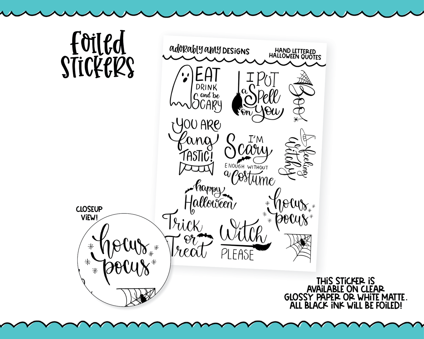 Foiled Hand Lettered Happy Halloween Doodley Typography Planner Stickers for any Planner or Insert
