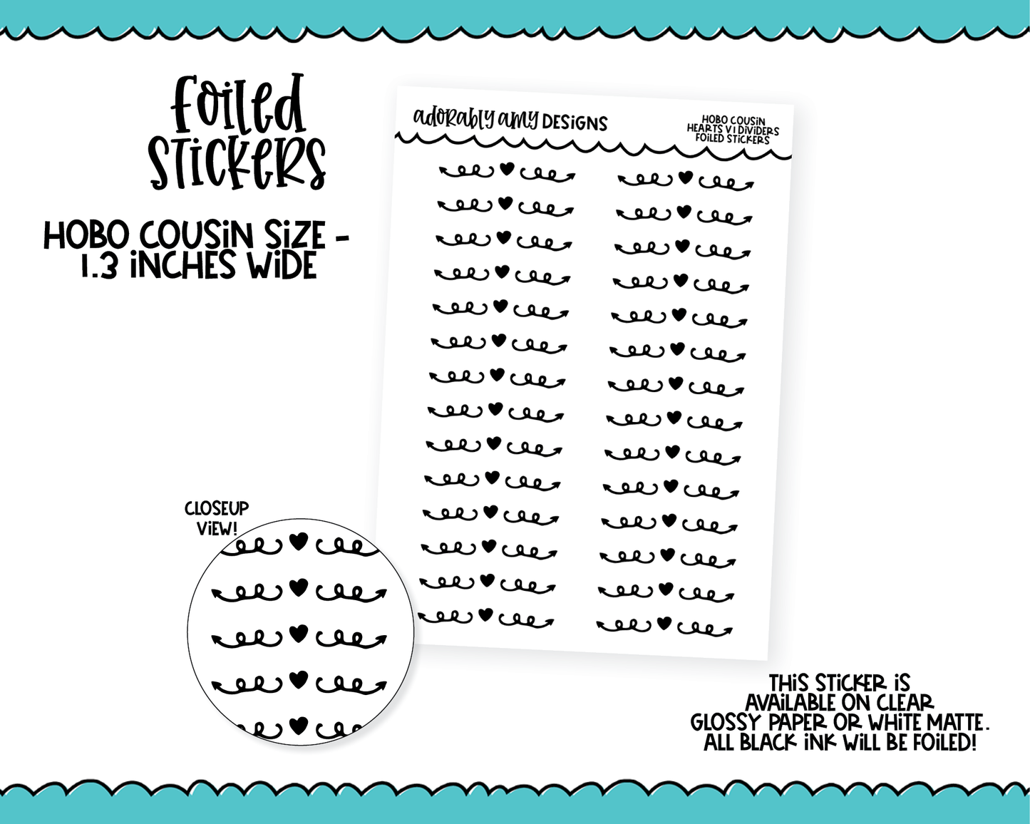 Foiled Hobo Cousin Hearts V1 Dividers/Headers Planner Stickers for Hobo Cousin or any Planner or Insert