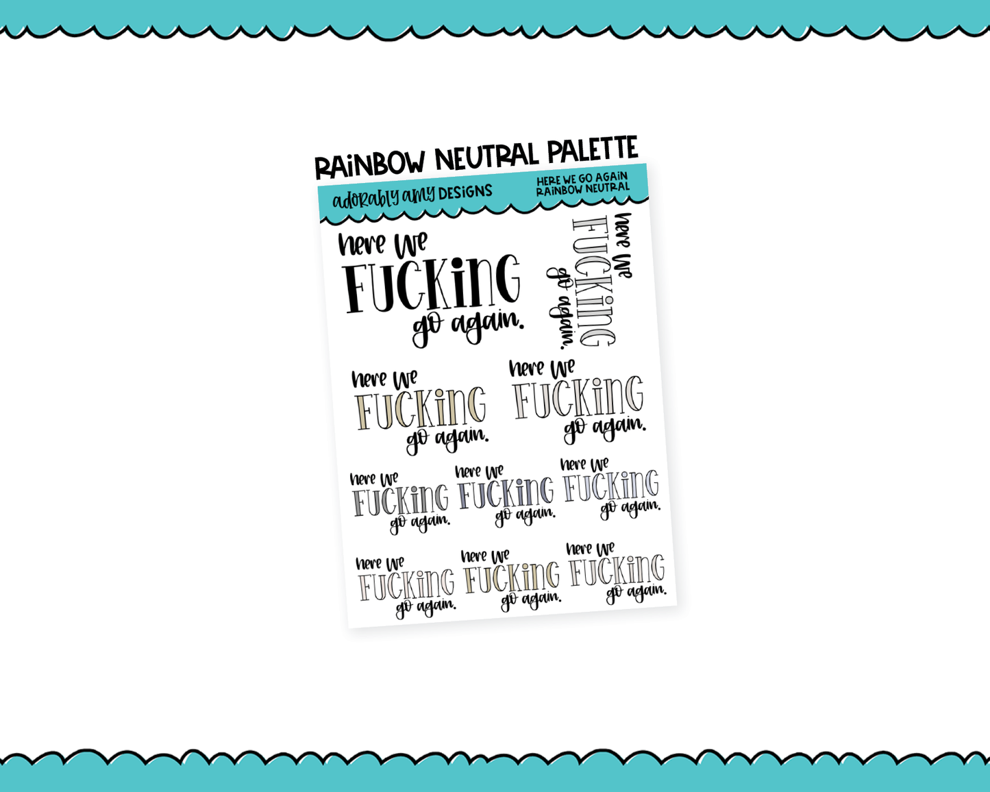 Rainbow or Black Here We Go Again Typography Planner Stickers for any Planner or Insert