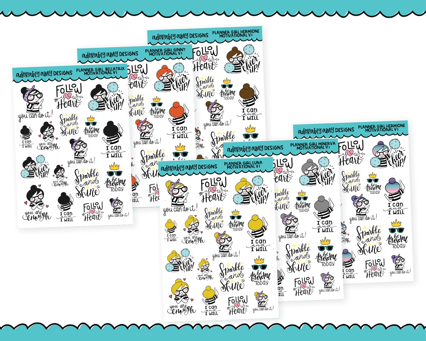 Doodled Planner Girls Character Stickers Motivational V1 Decoration Planner Stickers for any Planner or Insert