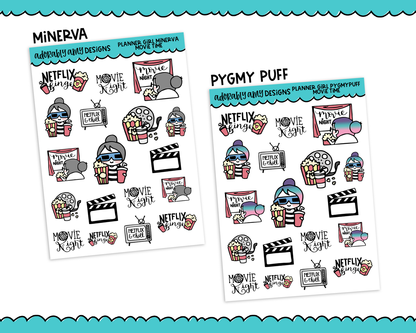 Planner Girls Character Stickers Movie Time Movie Night Decoration Planner Stickers for any Planner or Insert - Adorably Amy Designs