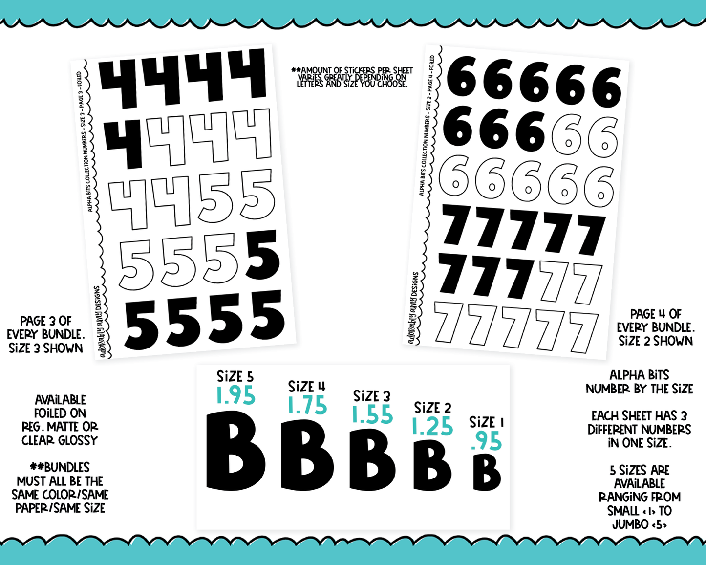 Foiled Alpha Bits V1 Number Stickers Grouped by Size Bundles Typography Planner Stickers for any Planner or Insert
