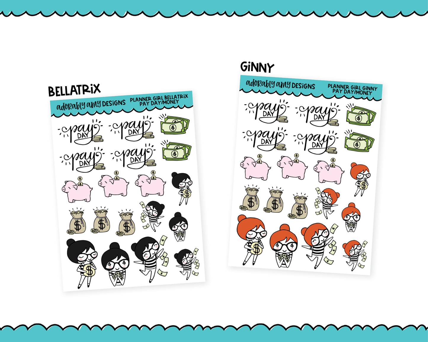 Doodled Planner Girls Character Stickers Pay Day Saving Money Decorative Planner Stickers for any Planner or Insert