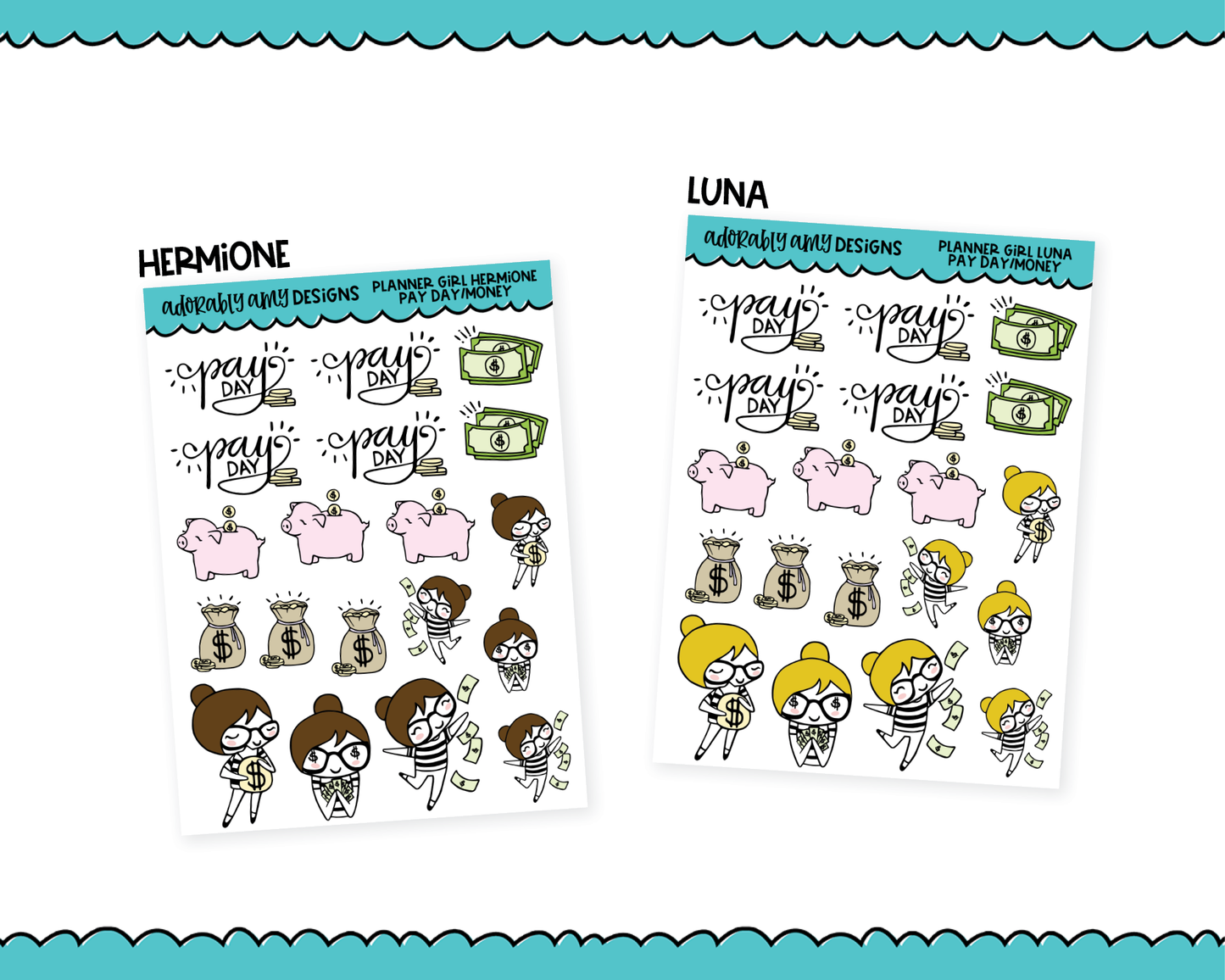 Doodled Planner Girls Character Stickers Pay Day Saving Money Decorative Planner Stickers for any Planner or Insert