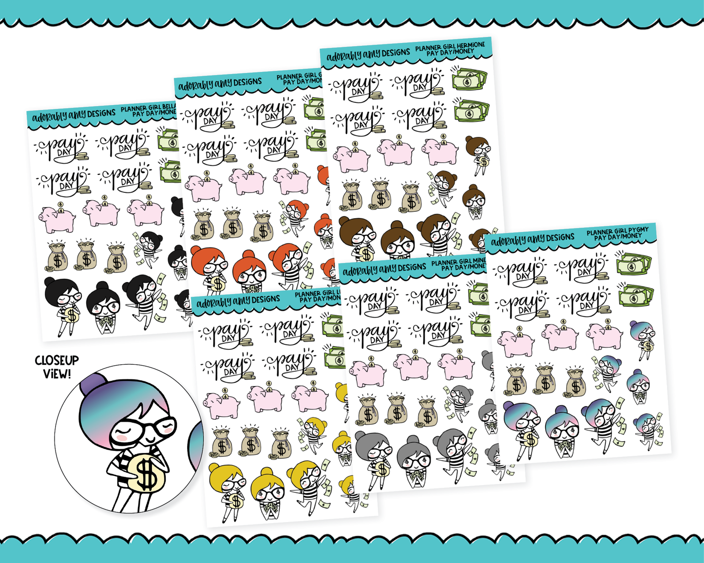 Doodled Planner Girls Character Stickers Pay Day Saving Money Decorative Planner Stickers for any Planner or Insert