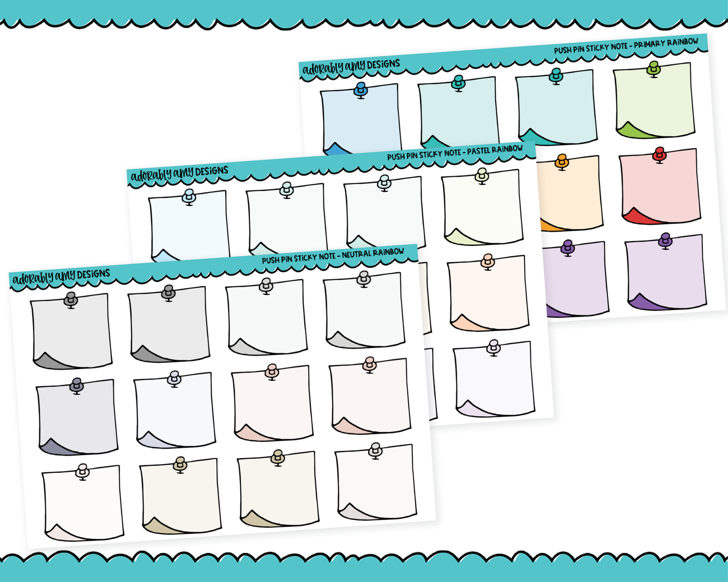 Rainbow Push Pin Sticky Note Paper Boxes Stickers for any Planner or Insert