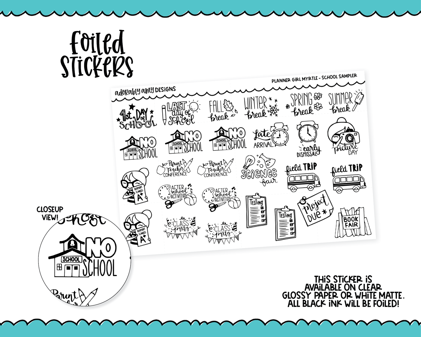 Foiled Doodled Planner Girls School Sampler Planner Stickers for any Planner or Insert