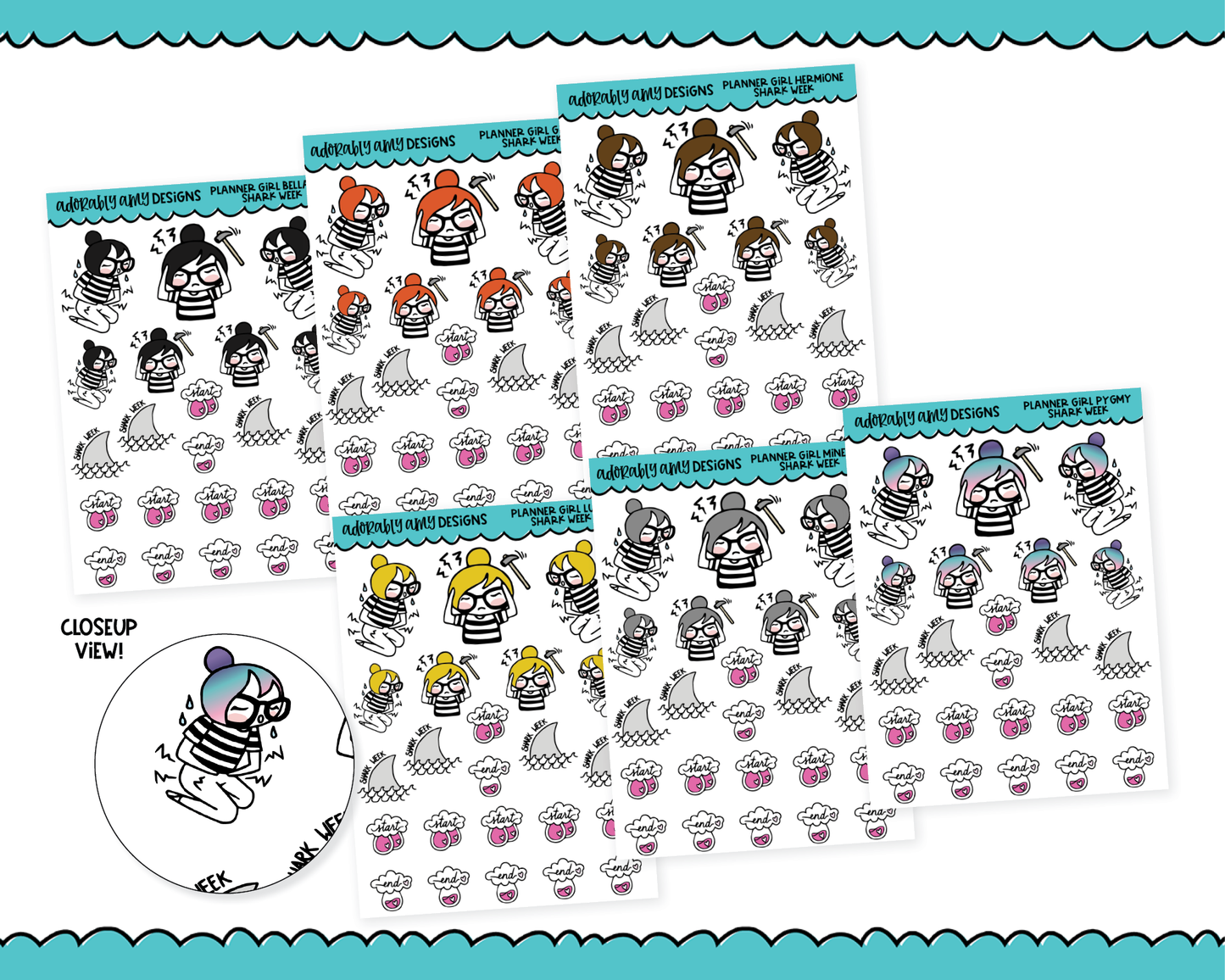 Doodled Planner Girls Character Stickers Shark Week Decorative Planner Stickers for any Planner or Insert
