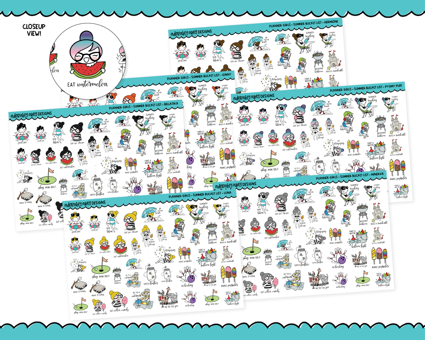 Doodled Planner Girls Character Stickers Summer Bucket List Decoration Planner Stickers for any Planner or Insert