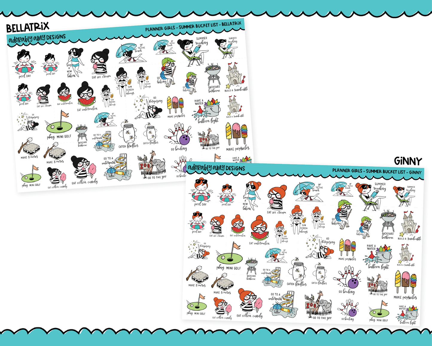 Doodled Planner Girls Character Stickers Summer Bucket List Decoration Planner Stickers for any Planner or Insert