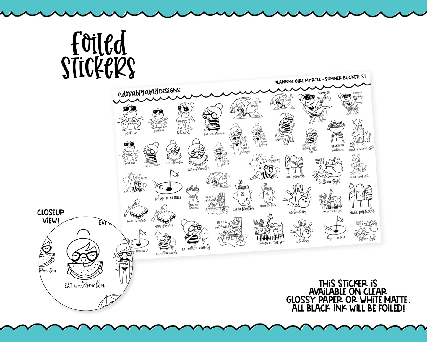Foiled Doodled Planner Girls Summer Bucket List Planner Stickers for any Planner or Insert