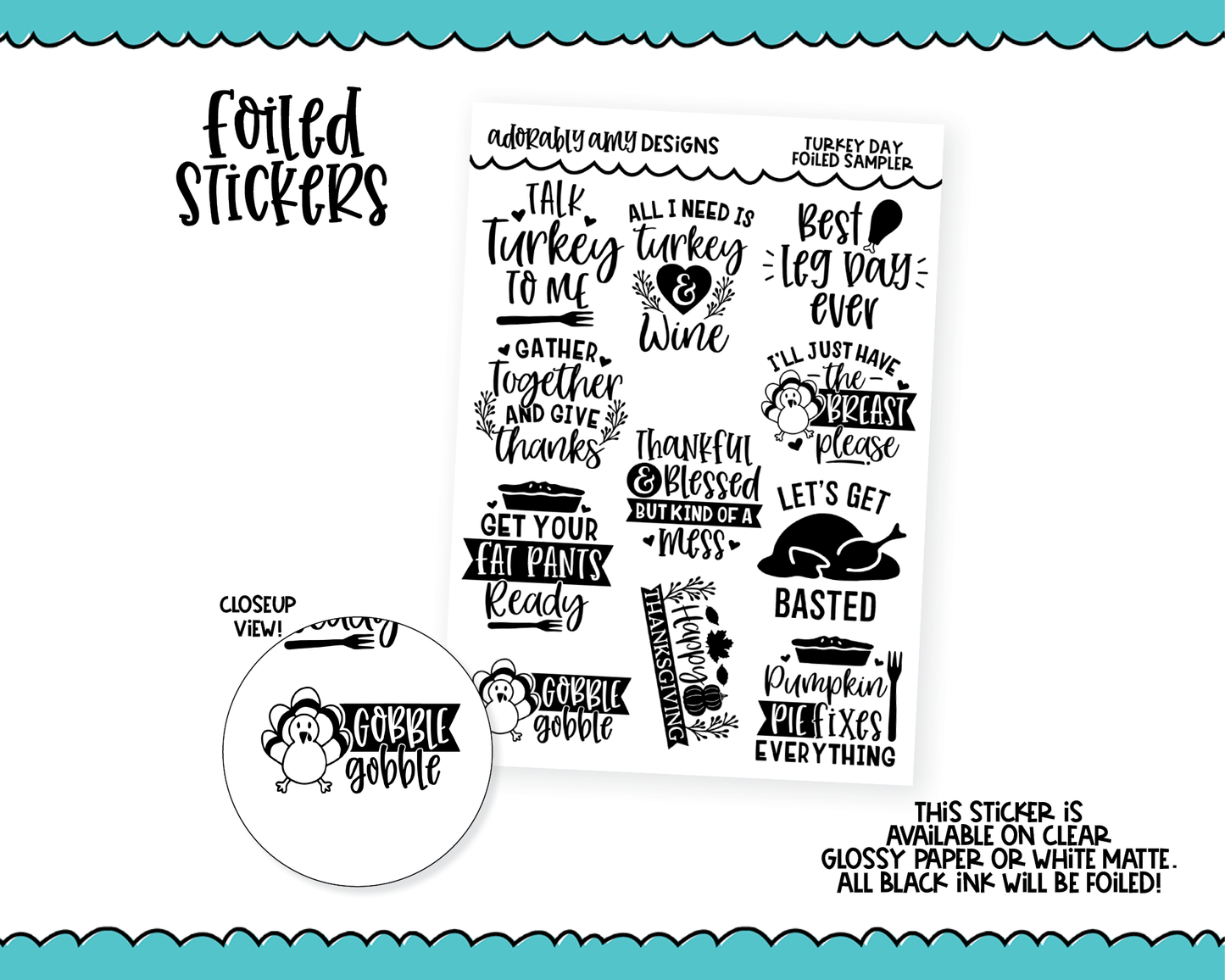 Foiled Turkey Day Thanksgiving Quote Sampler Planner Stickers for any Planner or Insert