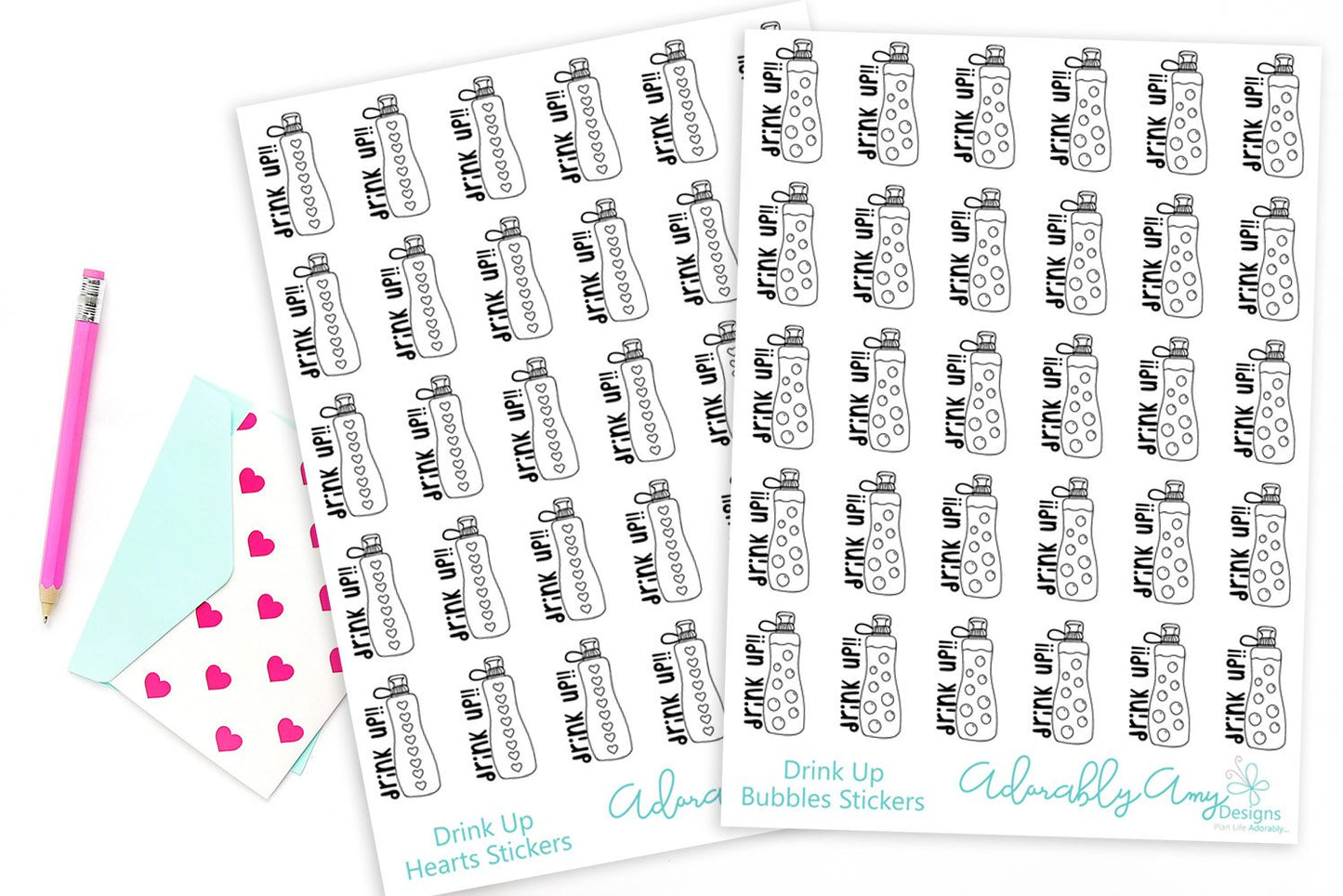 Hand Drawn Doodled Hydrate Drink Up Water Tracking Planner Stickers for any Planner or Insert - Adorably Amy Designs