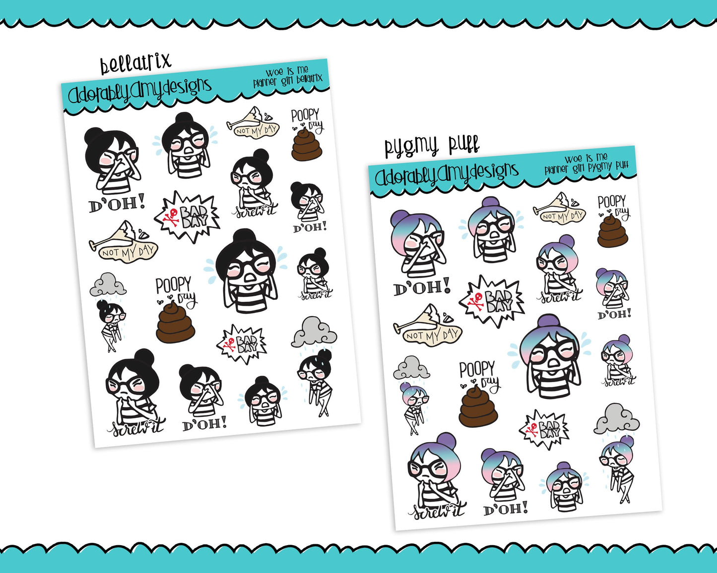 Planner Girls Character Stickers Woe is Me Bad Day Planner Stickers for any Planner or Insert - Adorably Amy Designs