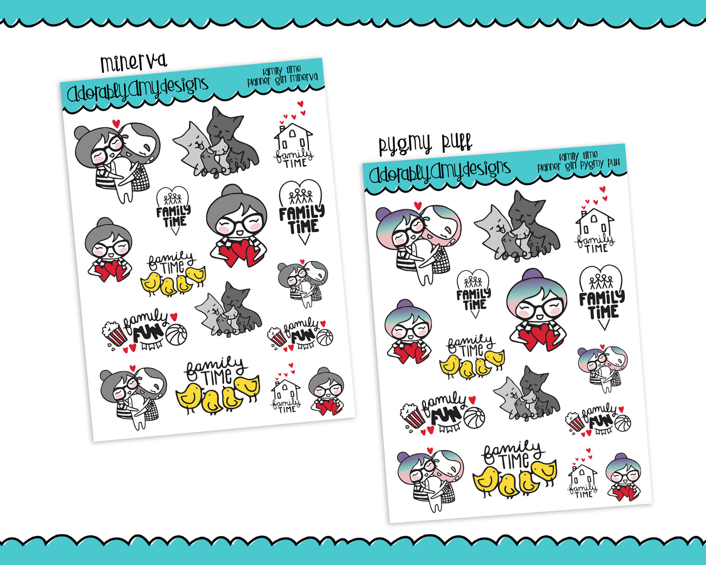 Planner Girls Character Stickers Family Time Family Love Planner Stickers for any Planner or Insert - Adorably Amy Designs