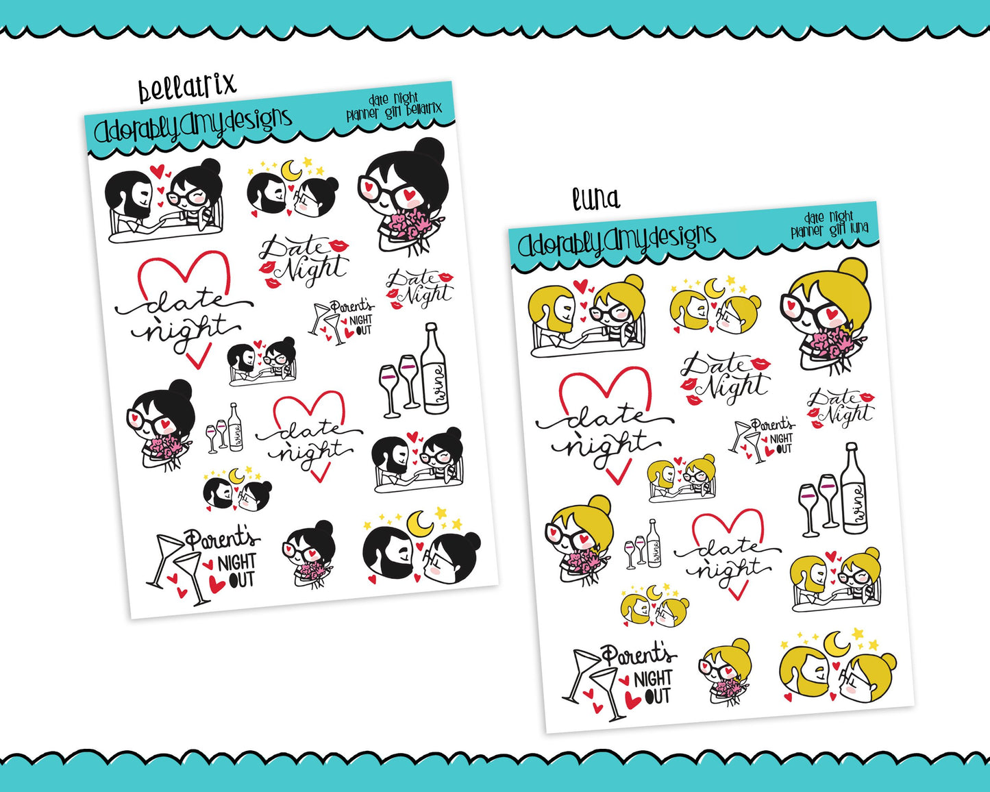 Planner Girls Character Stickers Date Night Out Planner Stickers for any Planner or Insert - Adorably Amy Designs