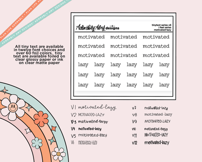 Foiled Tiny Text Series - Feelings Series - Motivated & Lazy Checklist Size Planner Stickers for any Planner or Insert
