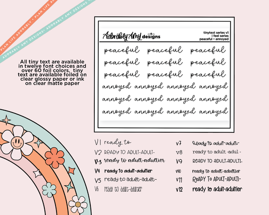 Foiled Tiny Text Series - Feelings Series - Peaceful & Annoyed Checklist Size Planner Stickers for any Planner or Insert