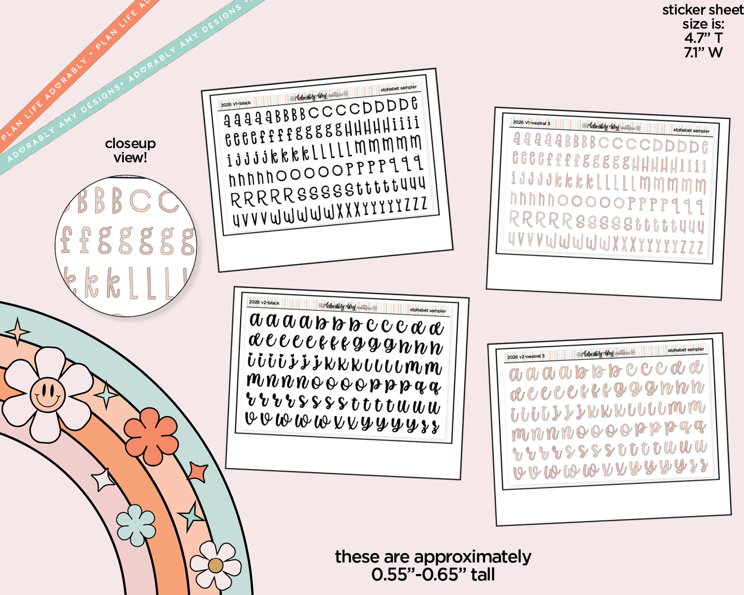 2026 Fonts Black or Rainbow Alphabet Stickers Deco Typography Sampler Planner Stickers