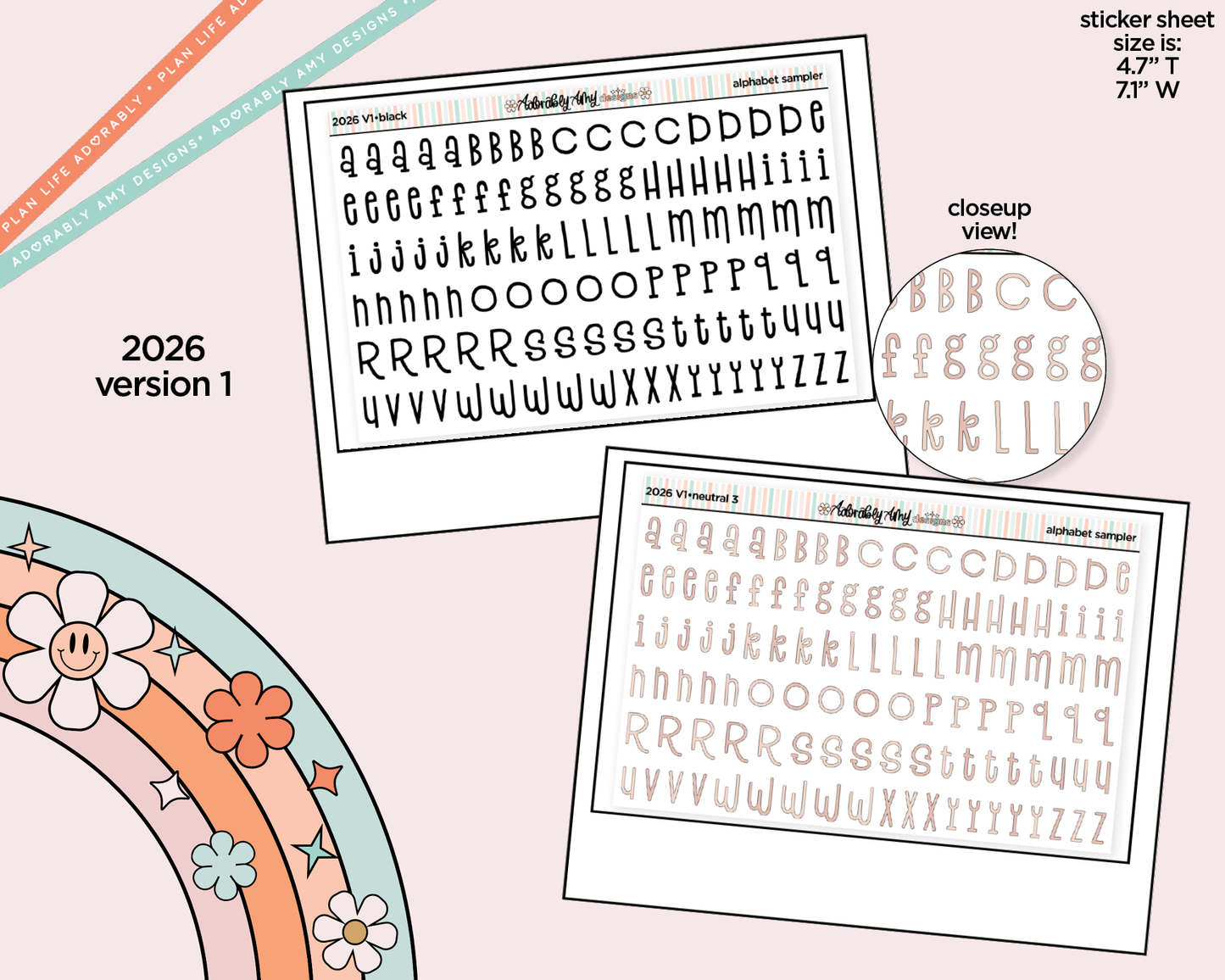 2026 Fonts Black or Rainbow Alphabet Stickers Deco Typography Sampler Planner Stickers