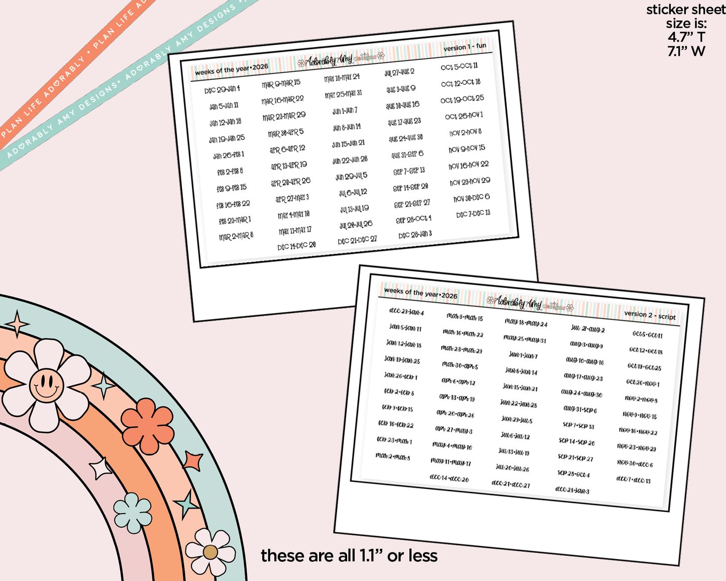 2026 Weeks of the Year Planner Stickers for any Planner or Insert