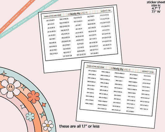 2026 Weeks of the Year Planner Stickers for any Planner or Insert