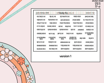 Yearly Holidays 2026 Planner Stickers for any Planner or Insert