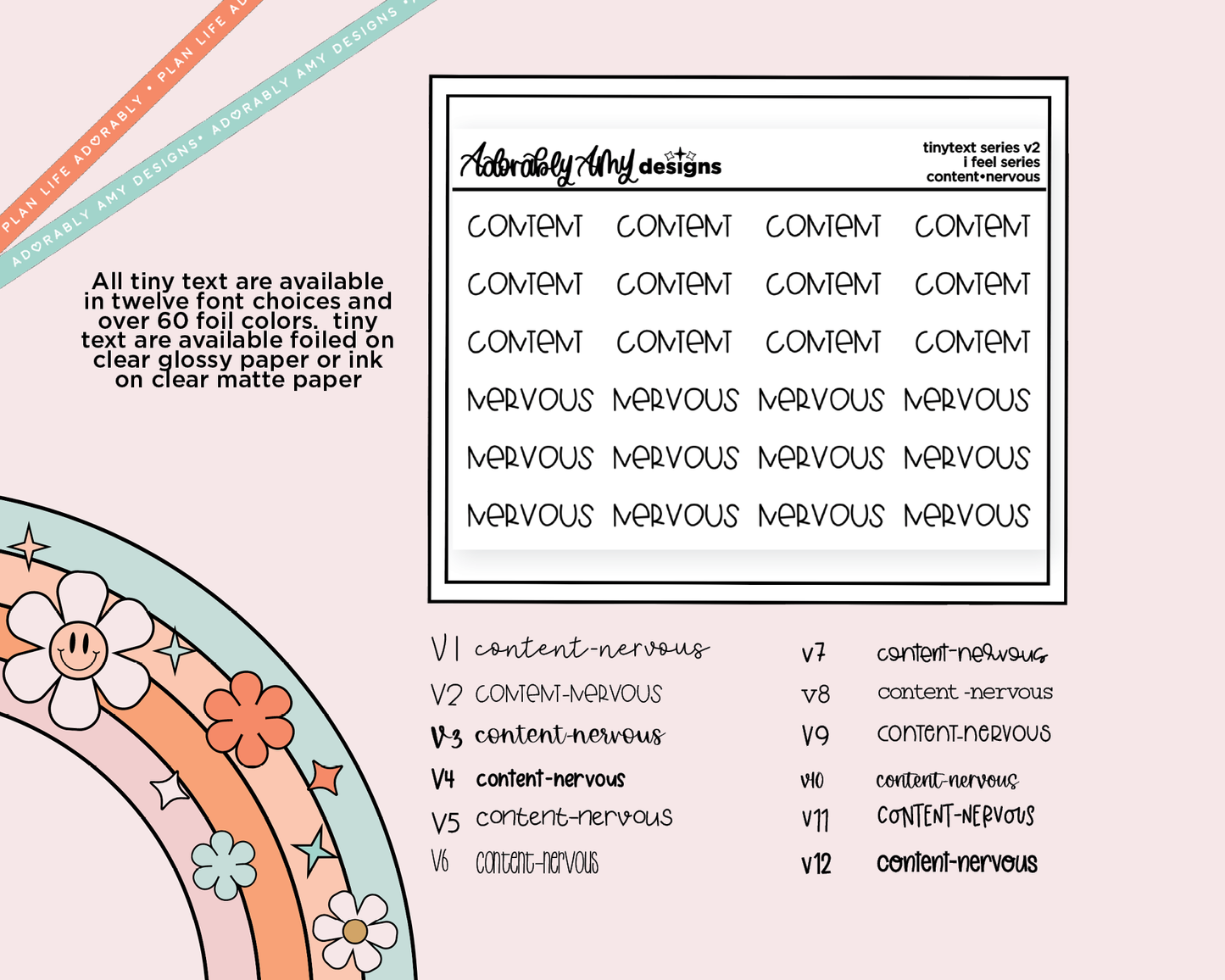 Foiled Tiny Text Series - Feelings Series - Content & Nervous Checklist Size Planner Stickers for any Planner or Insert