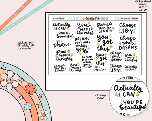 Actually I Can Motivational Deco Typography Sampler Planner Stickers - Adorably Amy Designs