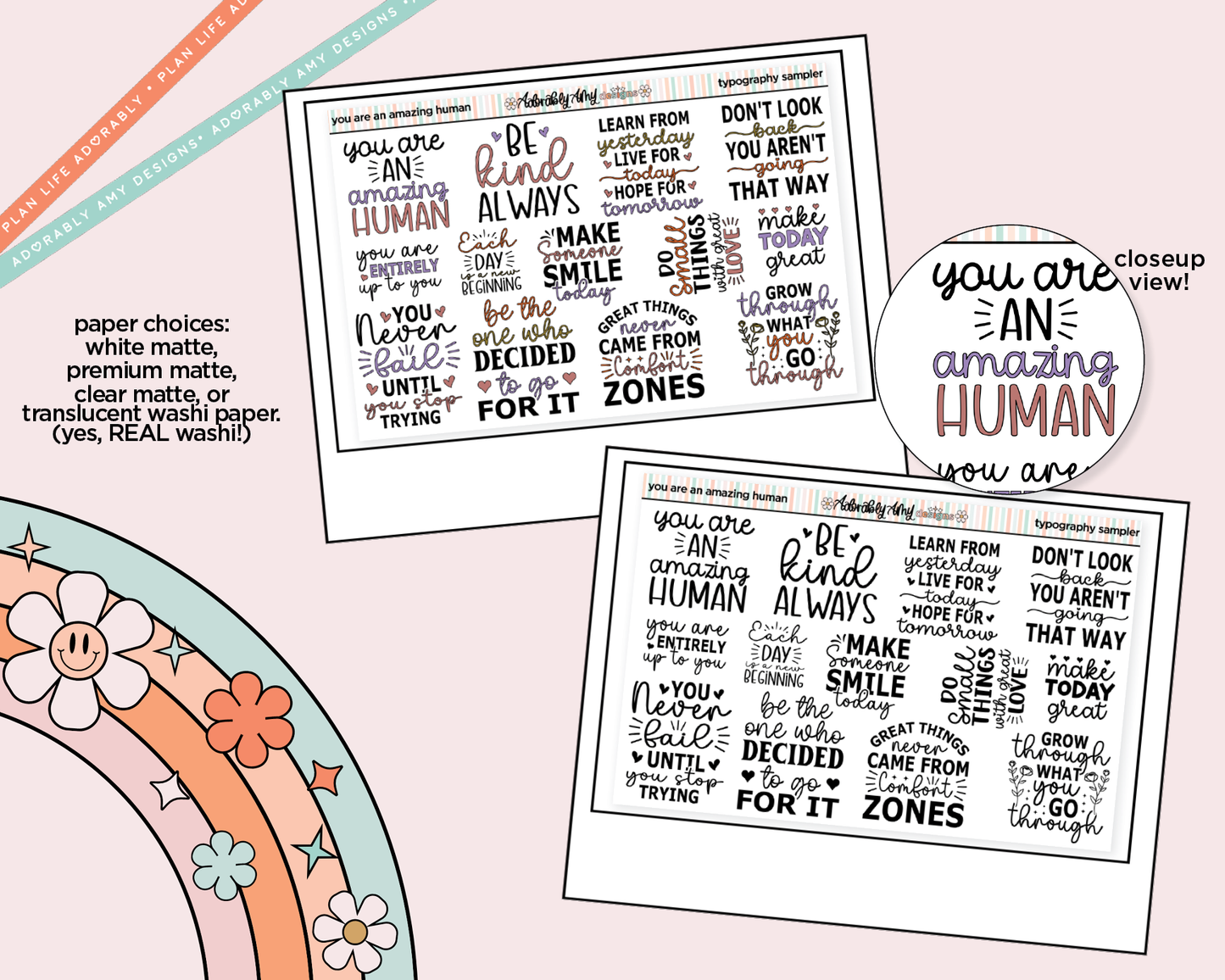 Be an Amazing Human Deco Typography Sampler Planner Stickers
