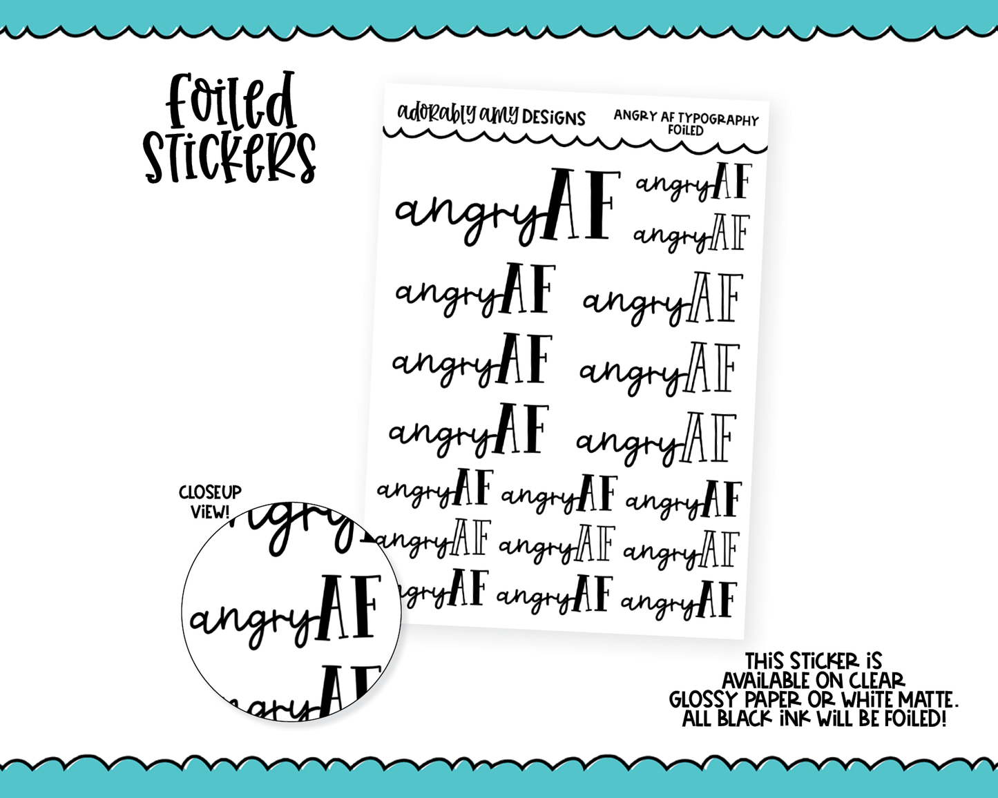 Foiled Angry AF Typography Sampler Planner Stickers for any Planner or Insert