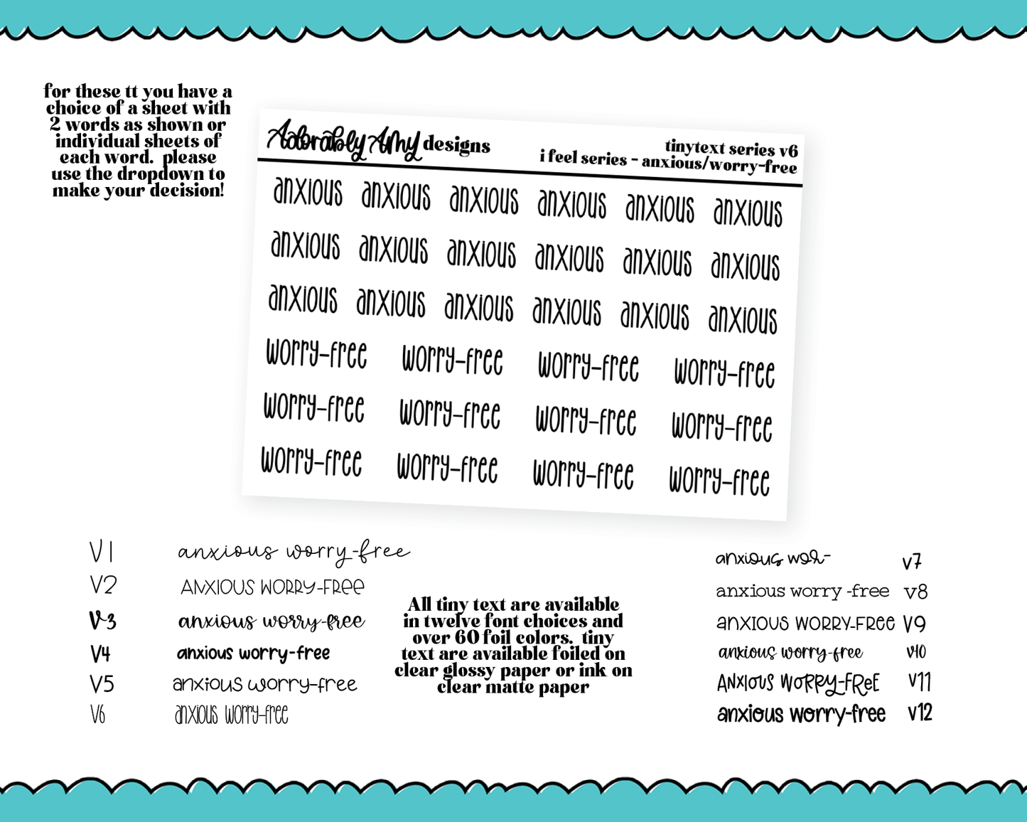 Foiled Tiny Text Series - Feelings Series - Worry-free and Anxious Checklist Size Planner Stickers for any Planner or Insert
