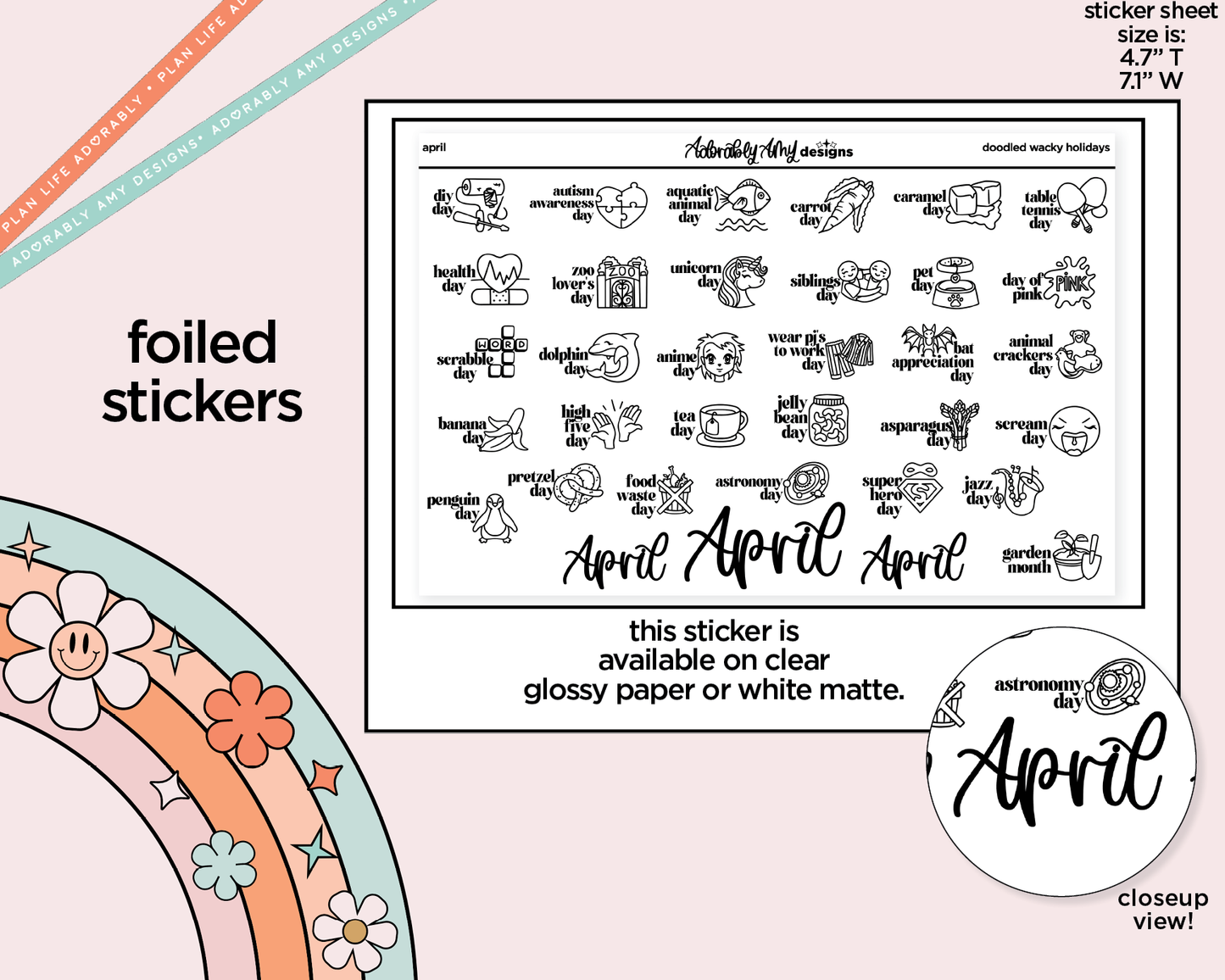 Foiled April Doodled Wacky Holidays Reminder Planner Stickers