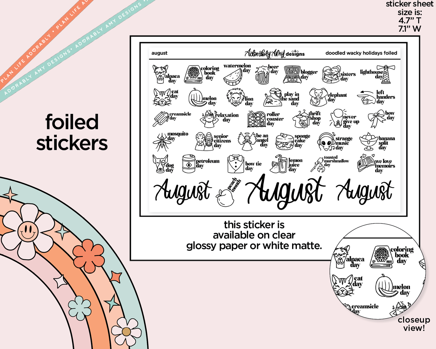 Foiled August Doodled Wacky Holidays Reminder Planner Stickers