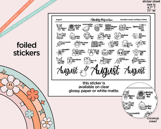 Foiled August Doodled Wacky Holidays Reminder Planner Stickers