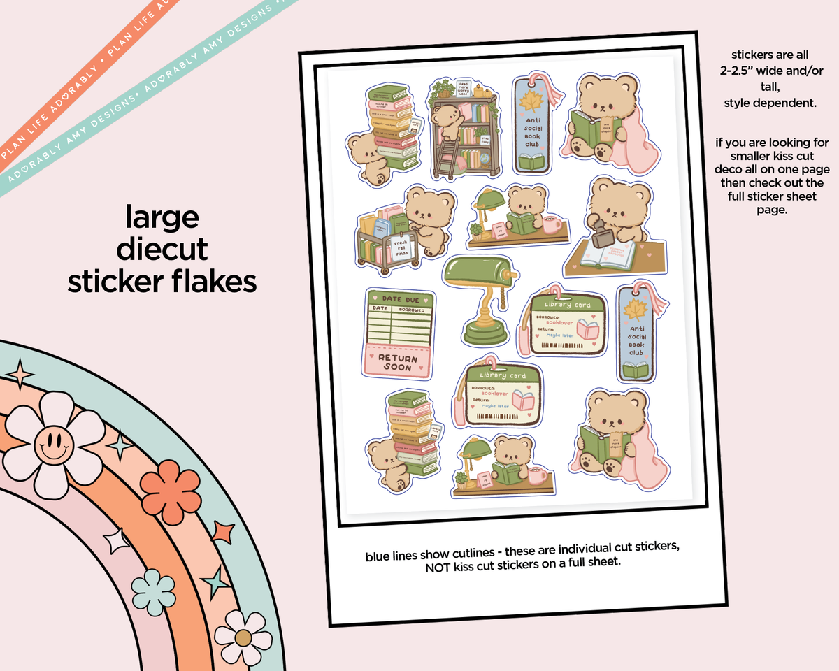 Autumn Library Bear Deco Stickers in Multiple Sizes Decorative Planner Stickers