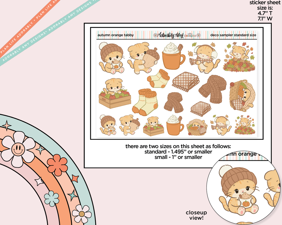 Autumn Orange Tabby Cat Deco Stickers in Multiple Sizes Decorative Planner Stickers