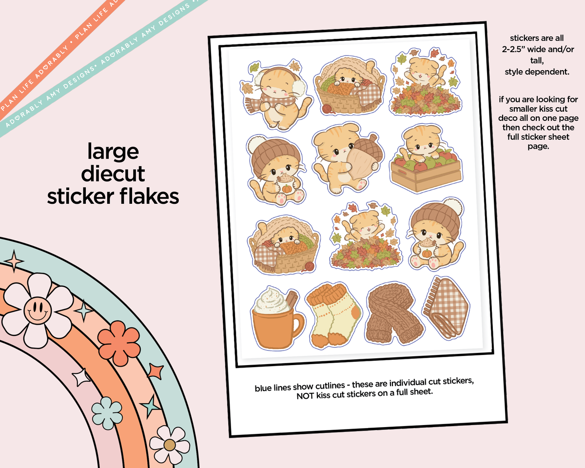 Autumn Orange Tabby Cat Deco Stickers in Multiple Sizes Decorative Planner Stickers