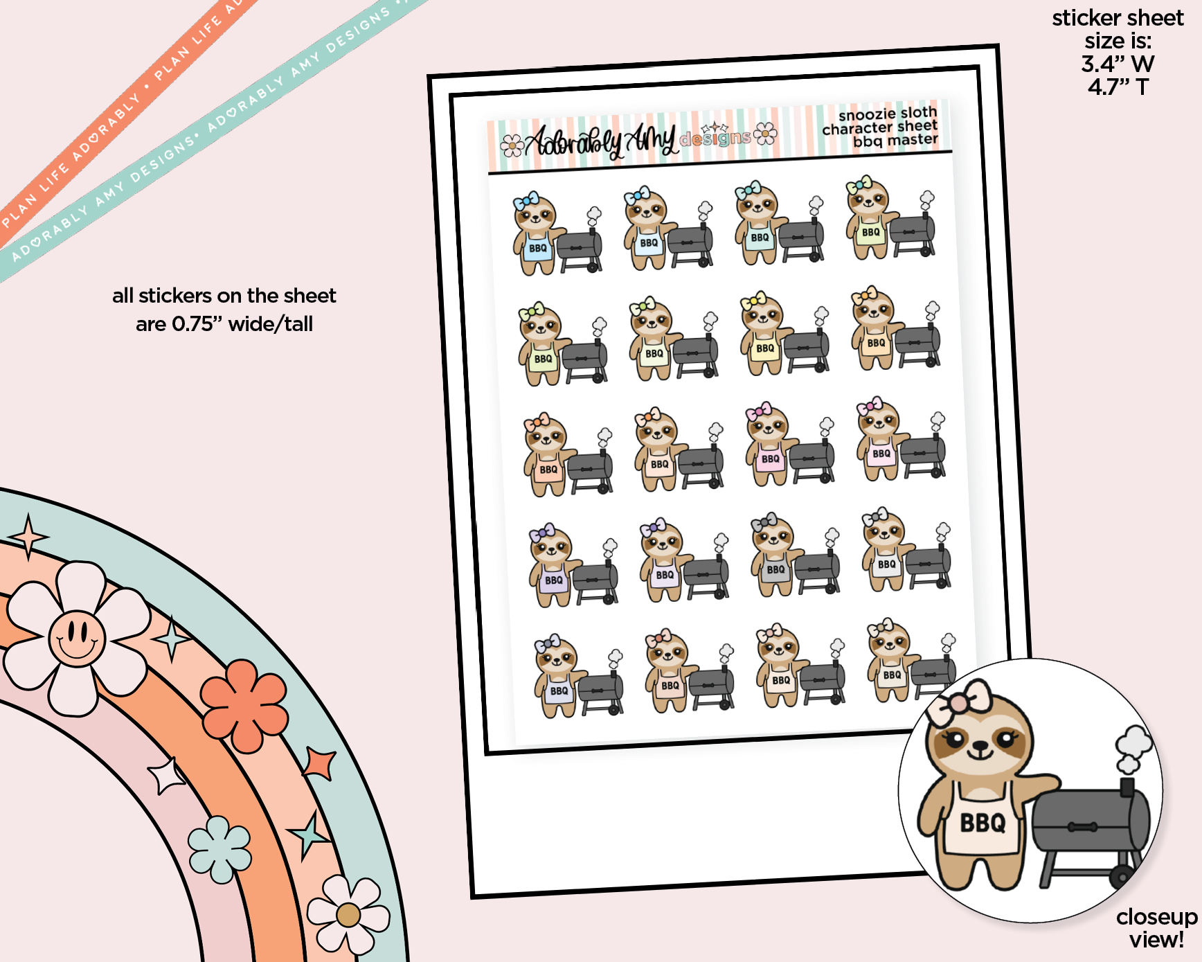 Snoozie Sloth BBQ-Smoker Master Decoration Character Planner Stickers - Adorably Amy Designs