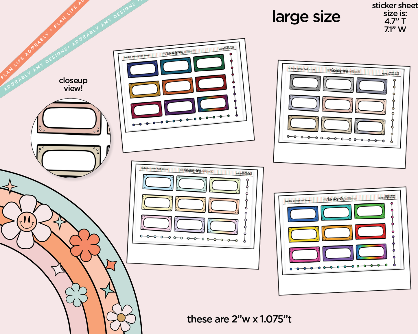 Rainbow Doodled Bubble Corner Half Boxes Large/Jumbo Size Stickers - Adorably Amy Designs
