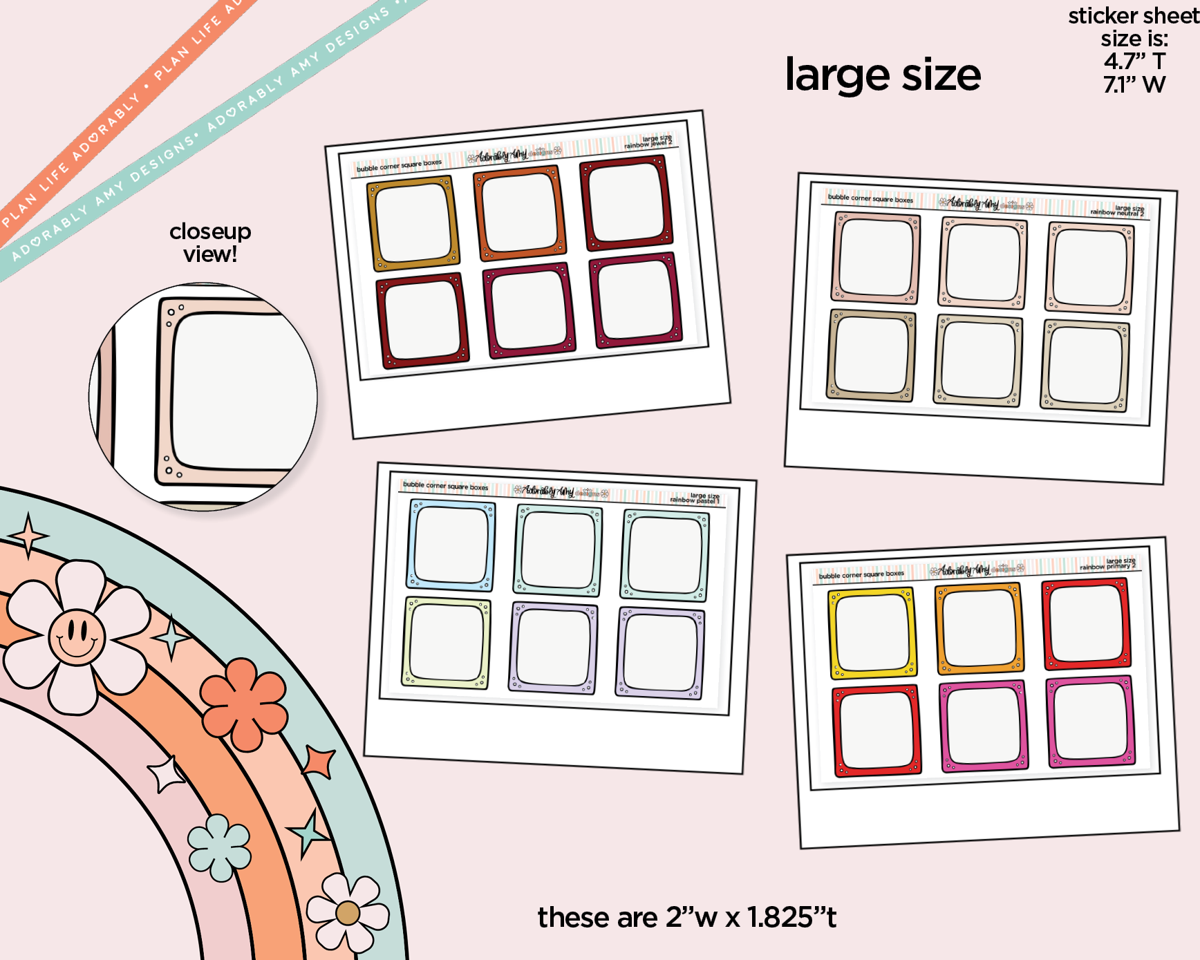 Rainbow Doodled Bubble Corner Square Boxes Large/Jumbo Size Stickers - Adorably Amy Designs