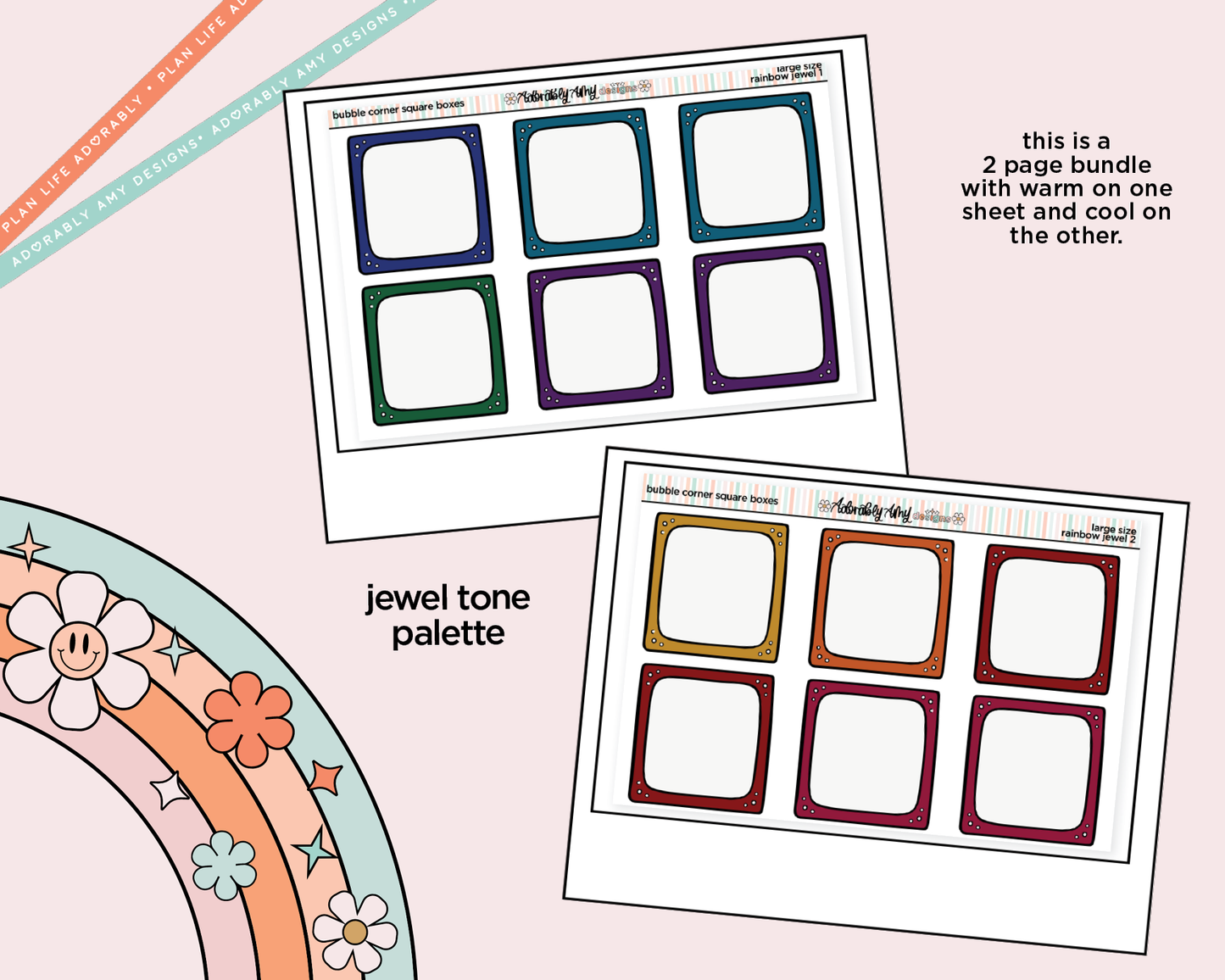 Rainbow Doodled Bubble Corner Square Boxes Large/Jumbo Size Stickers - Adorably Amy Designs