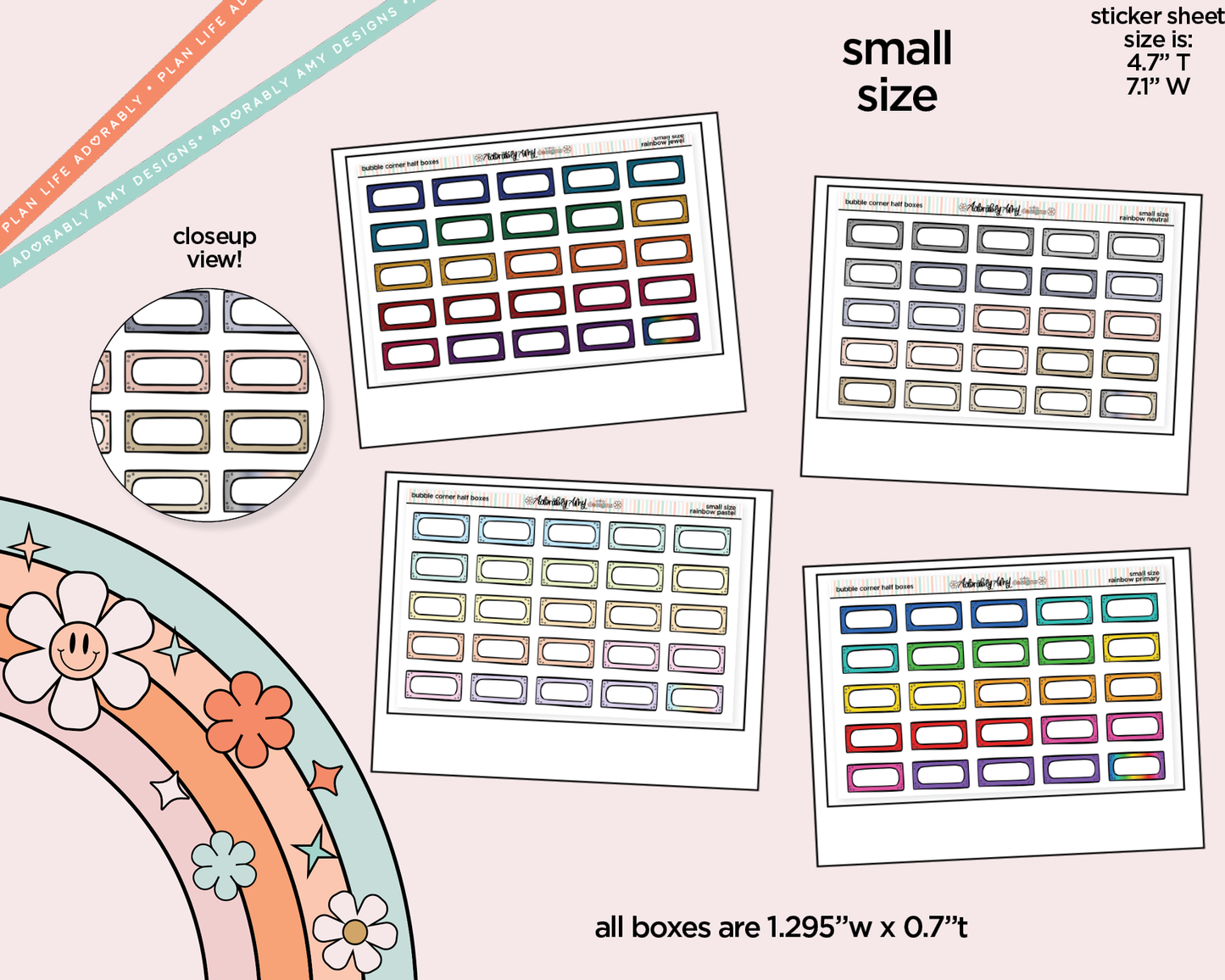 Rainbow Doodled Bubble Corner Half Boxes Small Size Planner Stickers - Adorably Amy Designs
